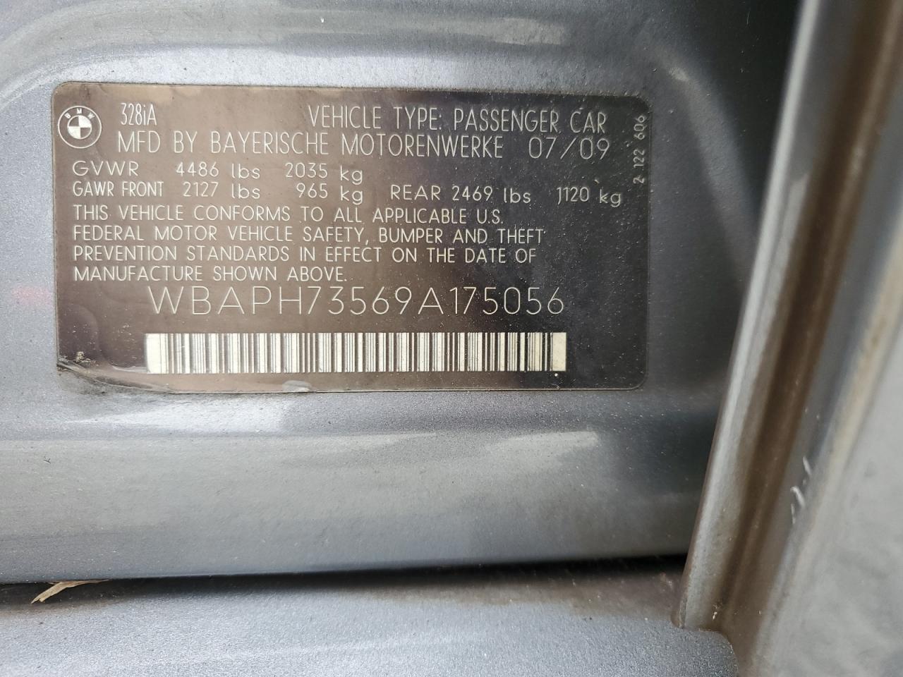 2009 BMW 328 I VIN: WBAPH73569A175056 Lot: 84795905