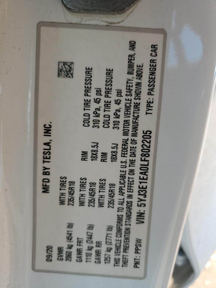 2020 Tesla Model 3 VIN: 5YJ3E1EA0LF802205 Lot: 80902205