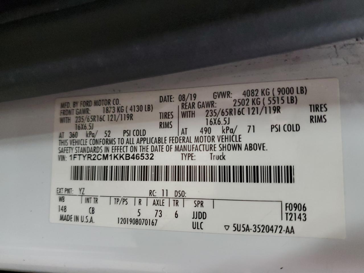 2019 Ford Transit T-250 VIN: 1FTYR2CM1KKB46532 Lot: 84238945