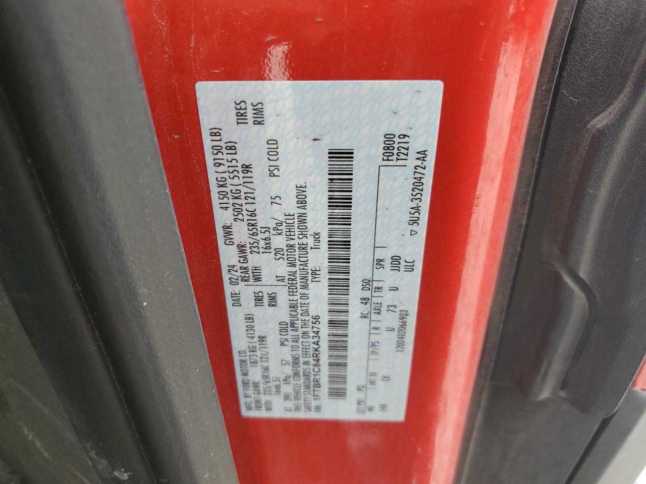 2024 Ford Transit T-250 VIN: 1FTBR1C84RKA34756 Lot: 81291135