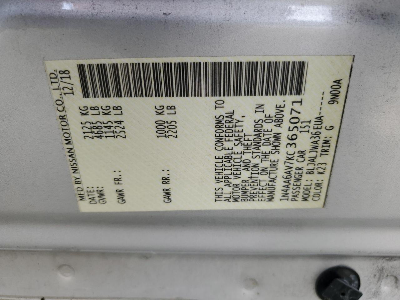 2019 Nissan Maxima S VIN: 1N4AA6AV7KC365071 Lot: 80313335