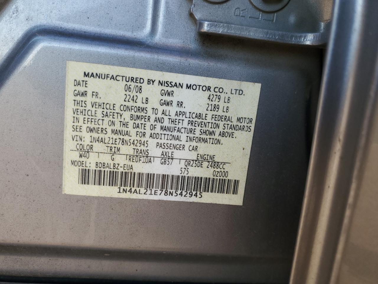 2008 Nissan Altima 2.5 VIN: 1N4AL21E78N542945 Lot: 81209765