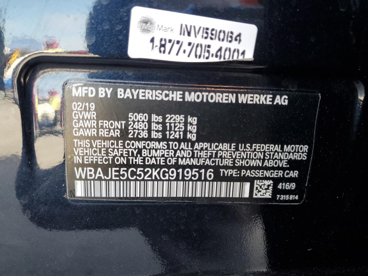 2019 BMW 540 I VIN: WBAJE5C52KG919516 Lot: 81689095