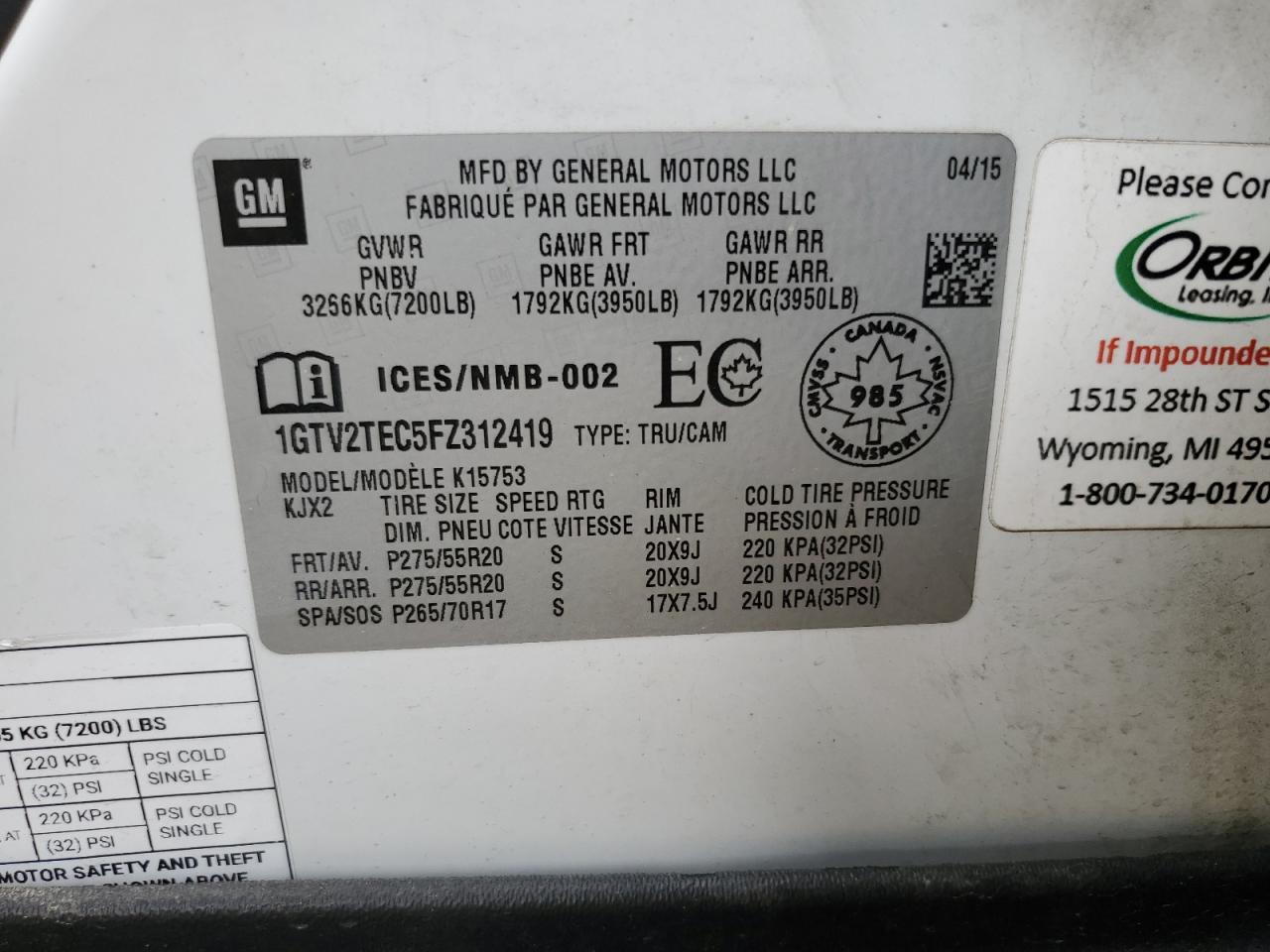 2015 GMC Sierra K1500 VIN: 1GTV2TEC5FZ312419 Lot: 83799905