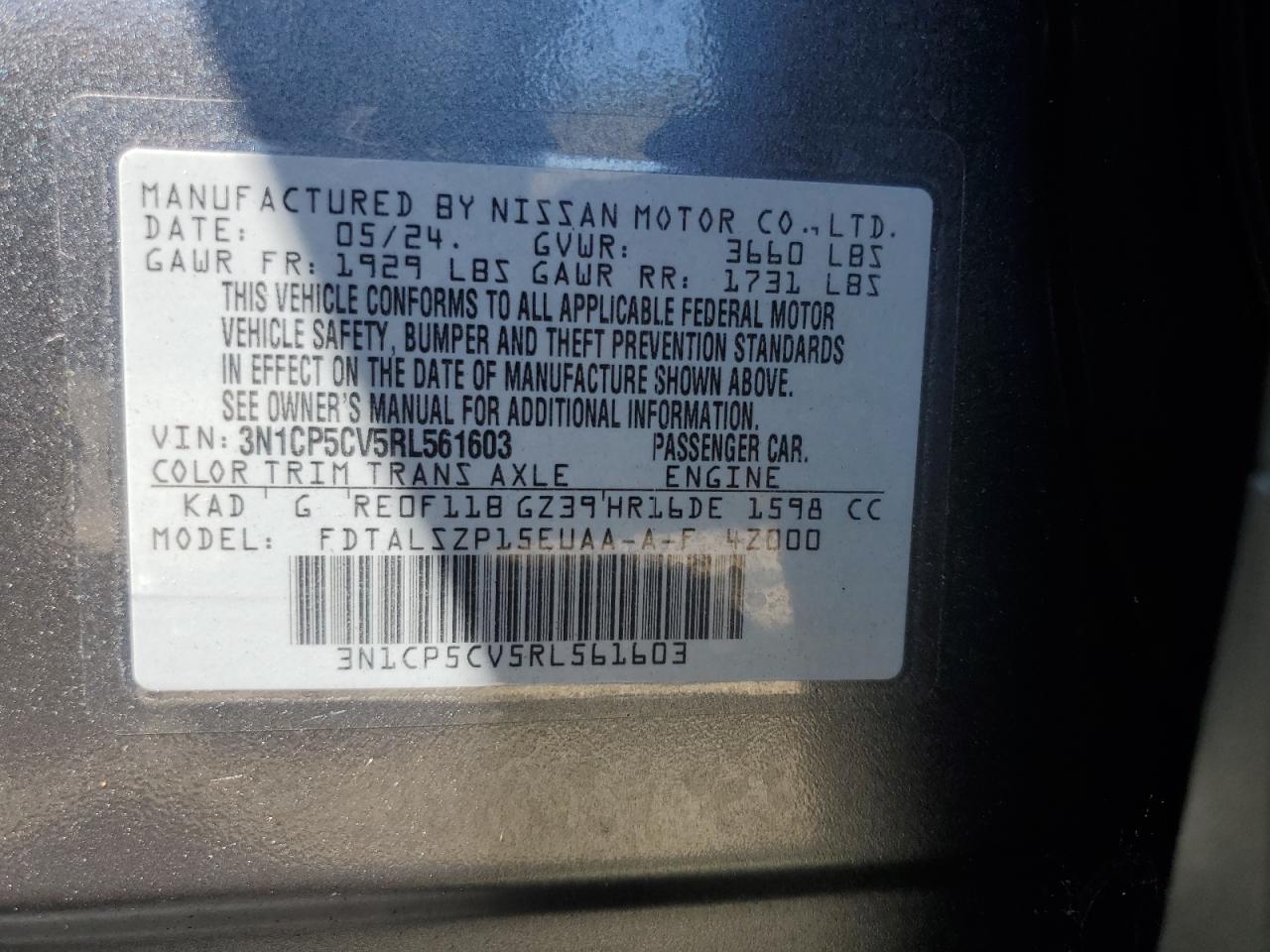 2024 Nissan Kicks Sv VIN: 3N1CP5CV5RL561603 Lot: 81149375