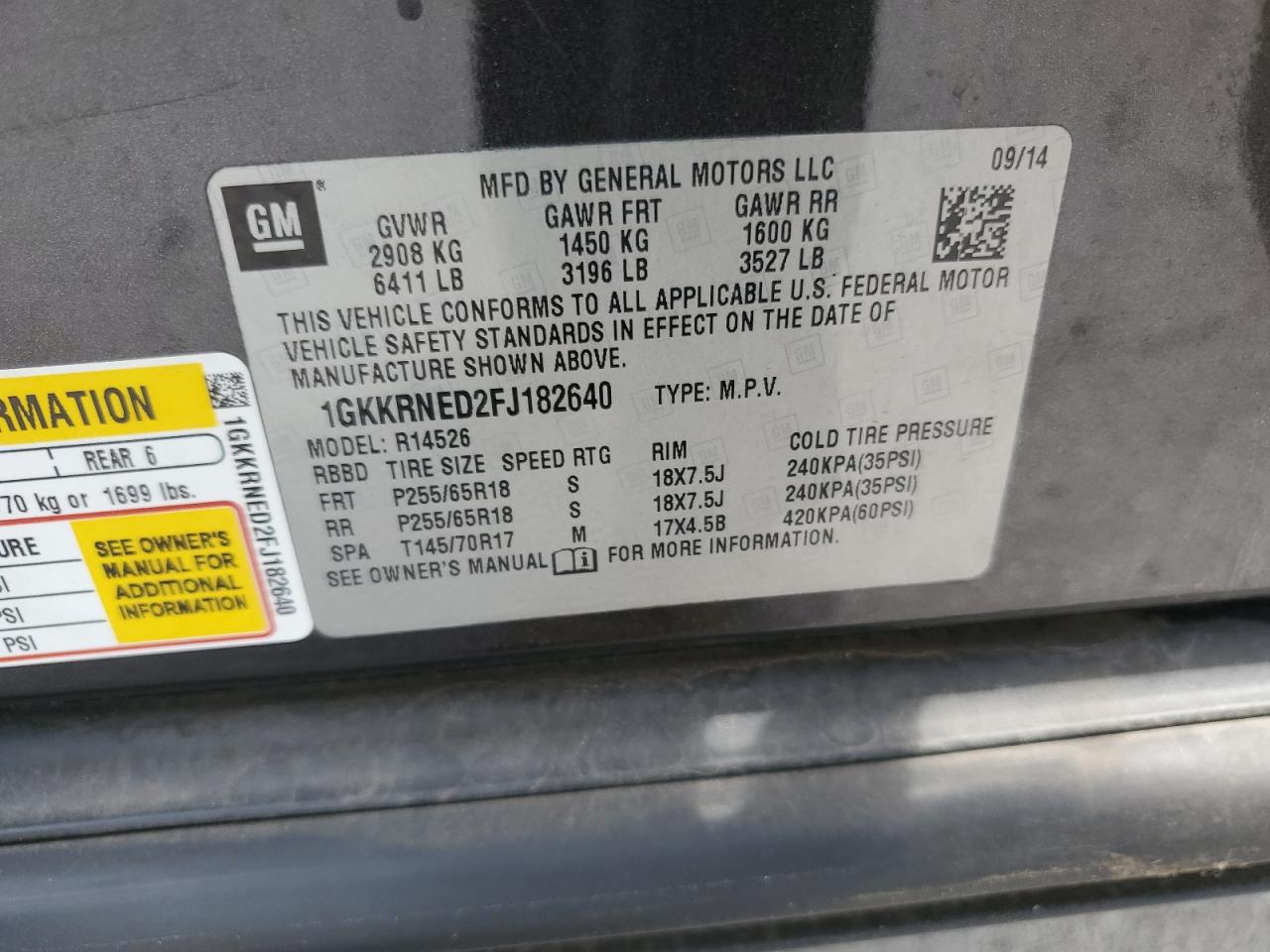 2015 GMC Acadia Sle VIN: 1GKKRNED2FJ182640 Lot: 81069955