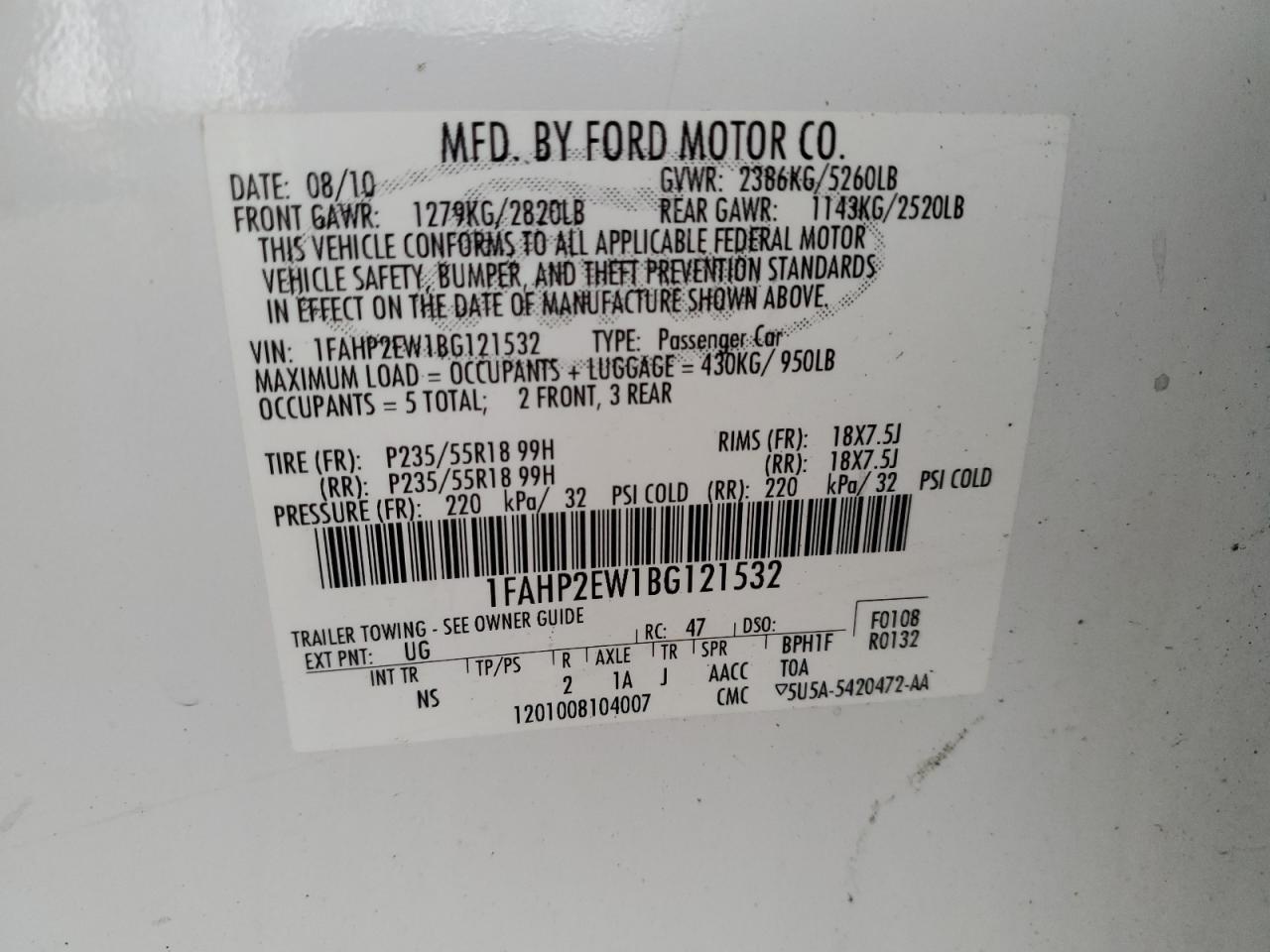 2011 Ford Taurus Sel VIN: 1FAHP2EW1BG121532 Lot: 71833435