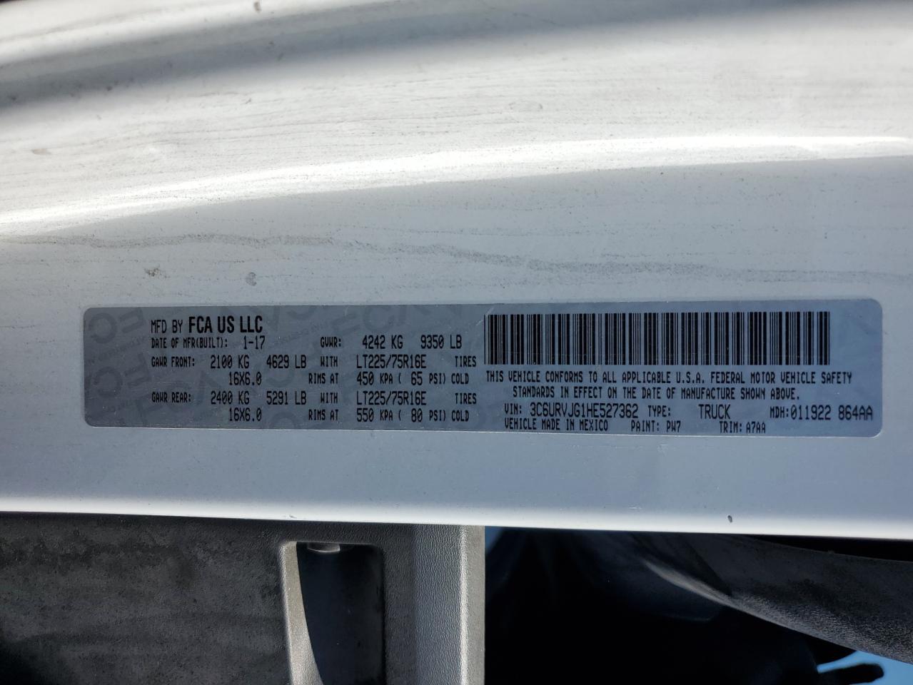 2017 Ram Promaster 3500 3500 High VIN: 3C6URVJG1HE527362 Lot: 60653725