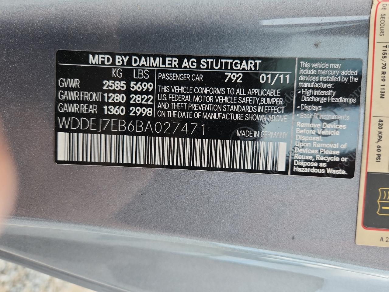 2011 Mercedes-Benz Cl 63 Amg VIN: WDDEJ7EB6BA027471 Lot: 81370615