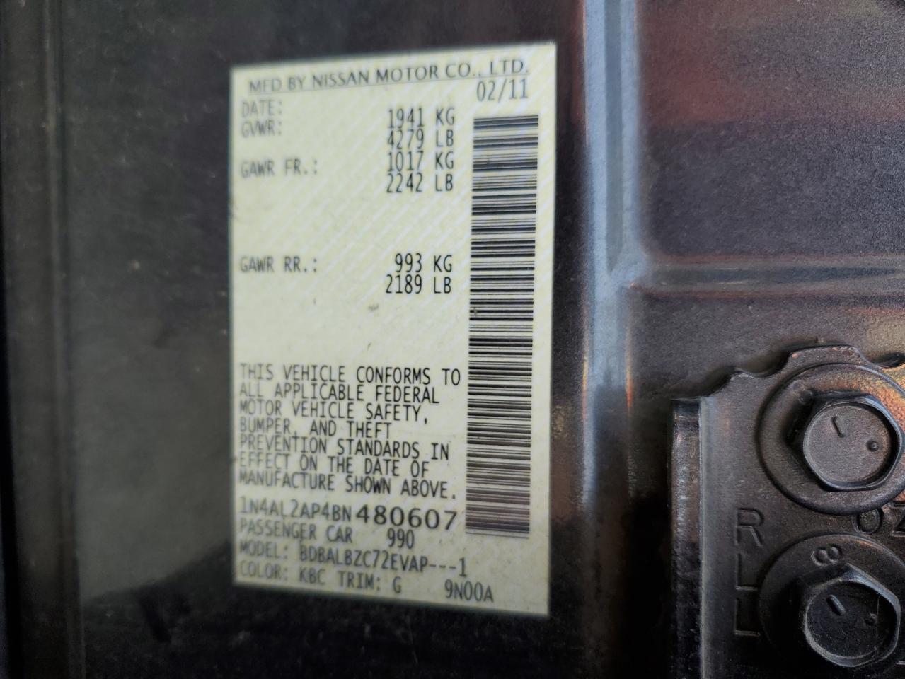 2011 Nissan Altima Base VIN: 1N4AL2AP4BN480607 Lot: 71659325