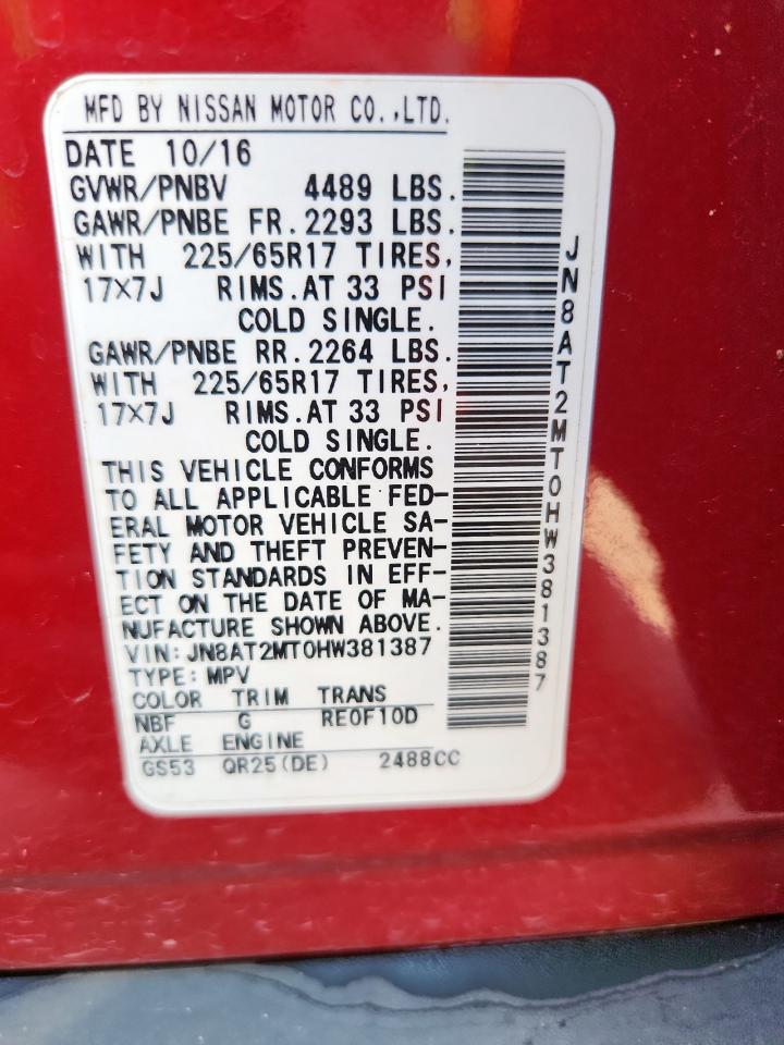 2017 Nissan Rogue S VIN: JN8AT2MT0HW381387 Lot: 72047785