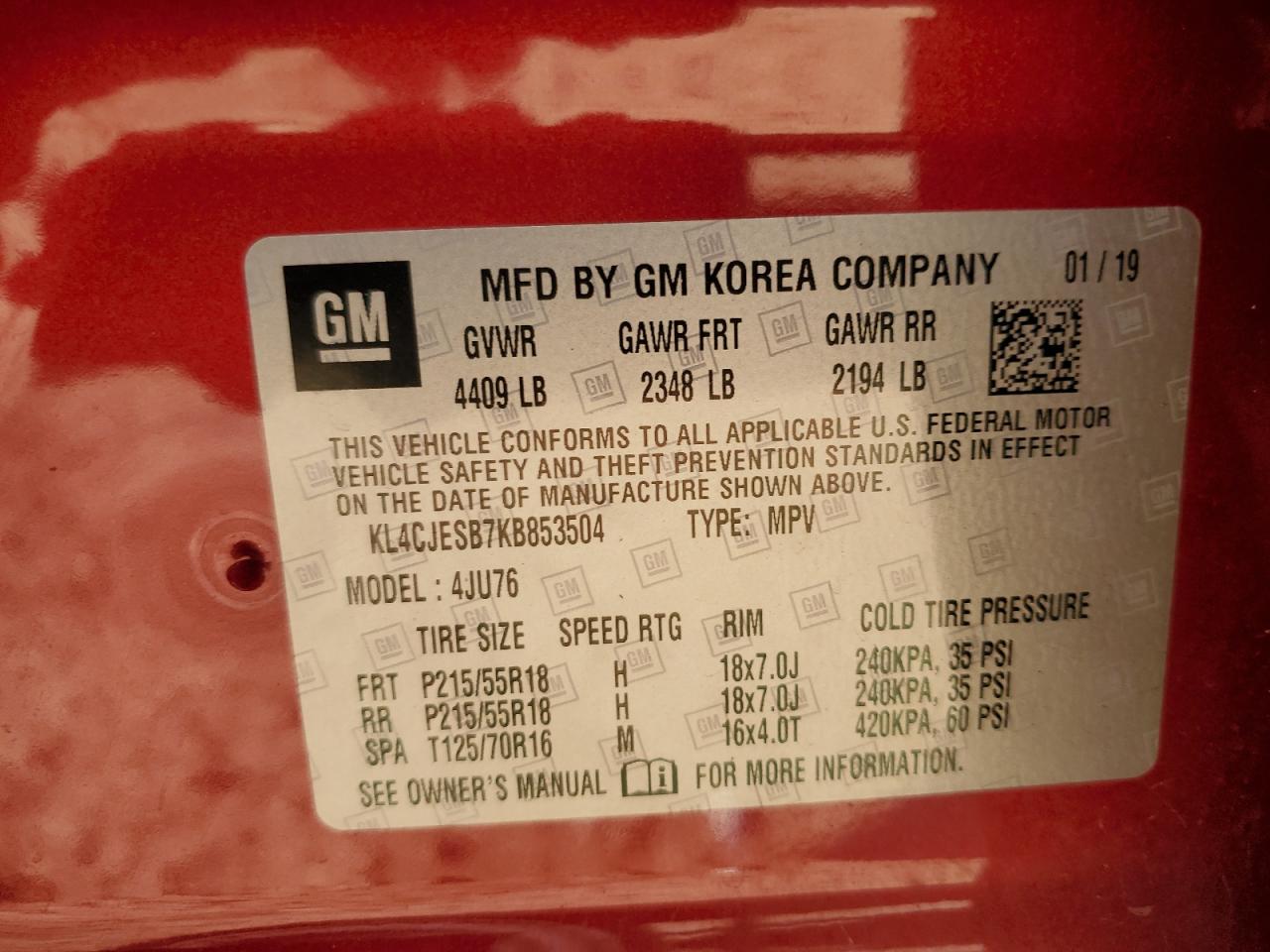 2019 Buick Encore Preferred VIN: KL4CJESB7KB853504 Lot: 80824925