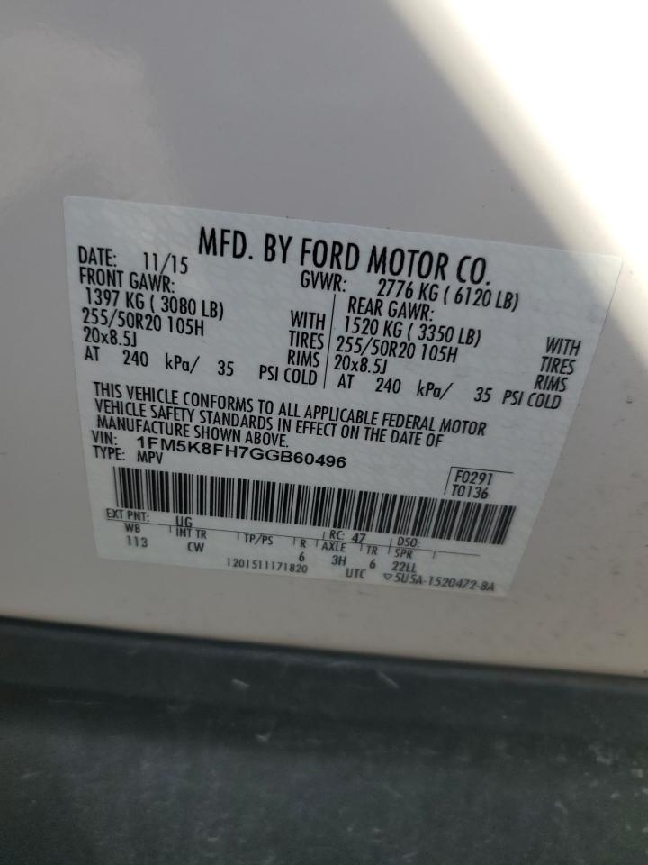 2016 Ford Explorer Limited VIN: 1FM5K8FH7GGB60496 Lot: 84767265