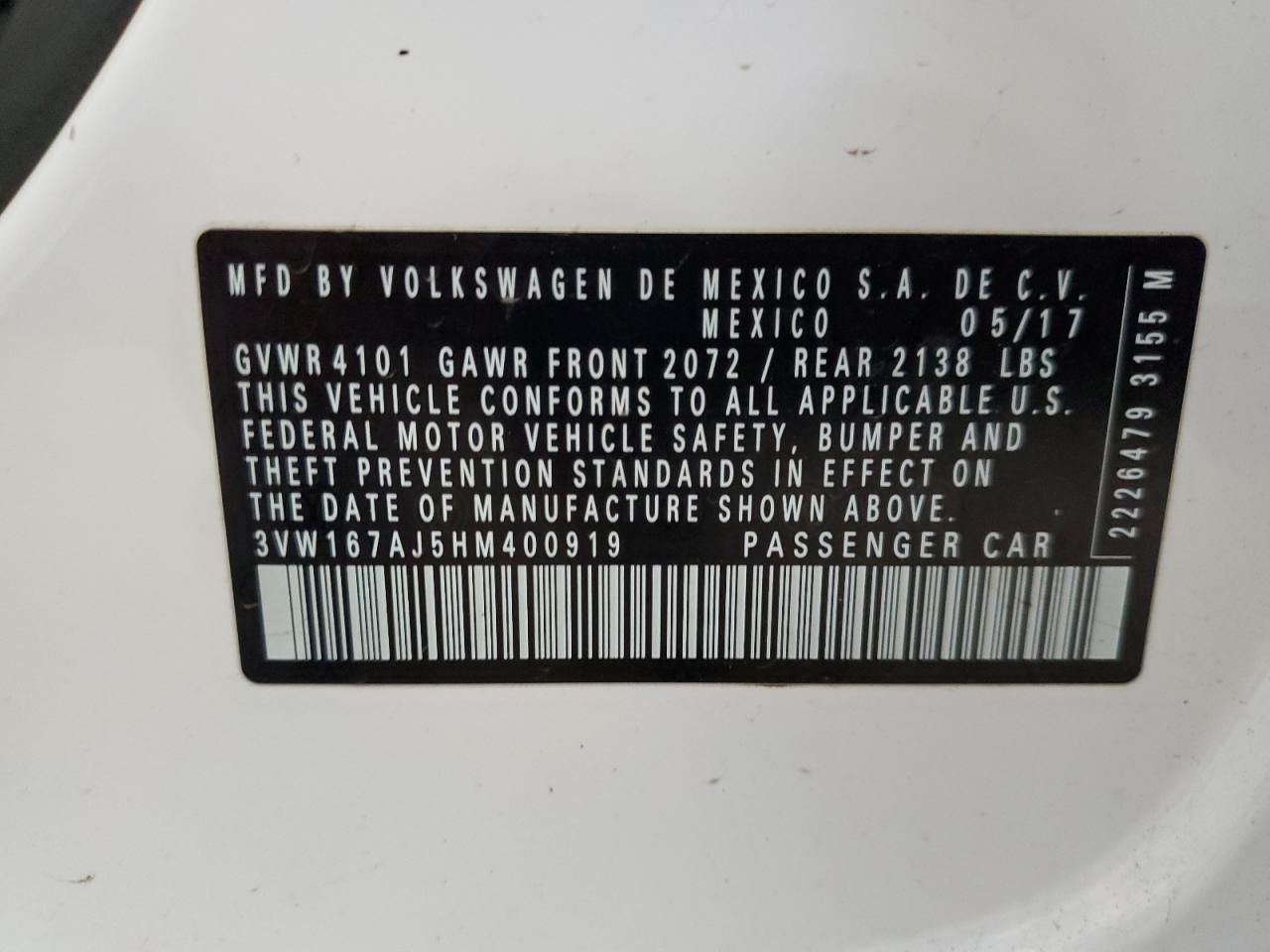 2017 Volkswagen Jetta S VIN: 3VW167AJ5HM400919 Lot: 70638265