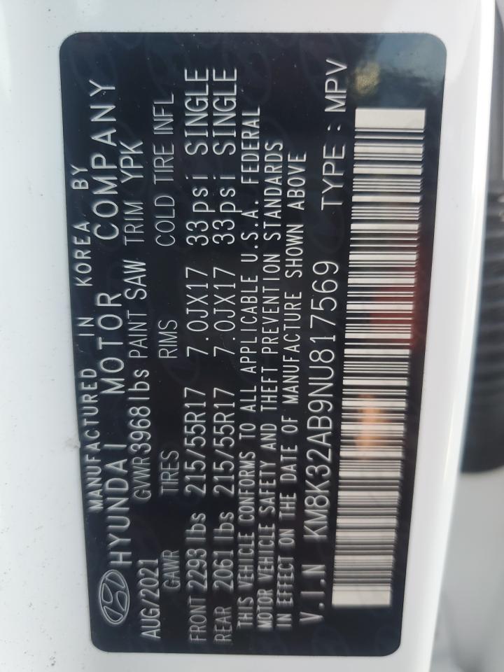 2022 Hyundai Kona Sel VIN: KM8K32AB9NU817569 Lot: 80267555