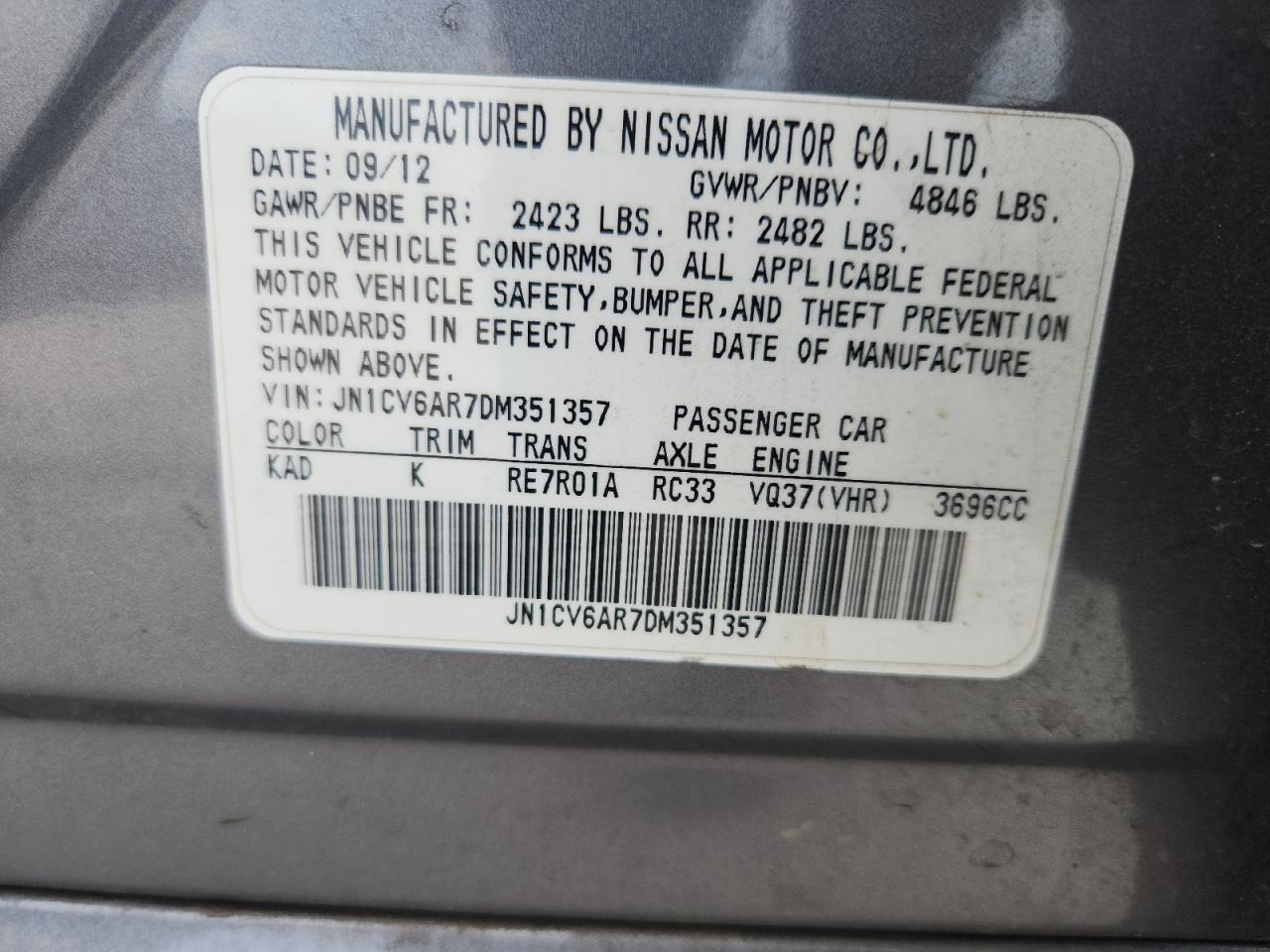 2013 Infiniti G37 VIN: JN1CV6AR7DM351357 Lot: 83768535