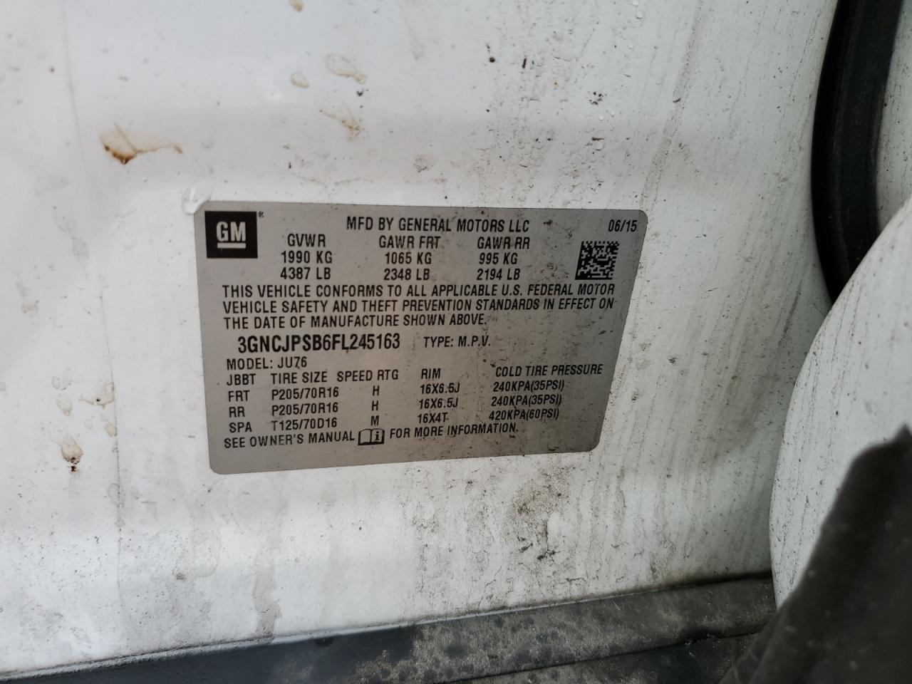 2015 Chevrolet Trax 1Ls VIN: 3GNCJPSB6FL245163 Lot: 81577685