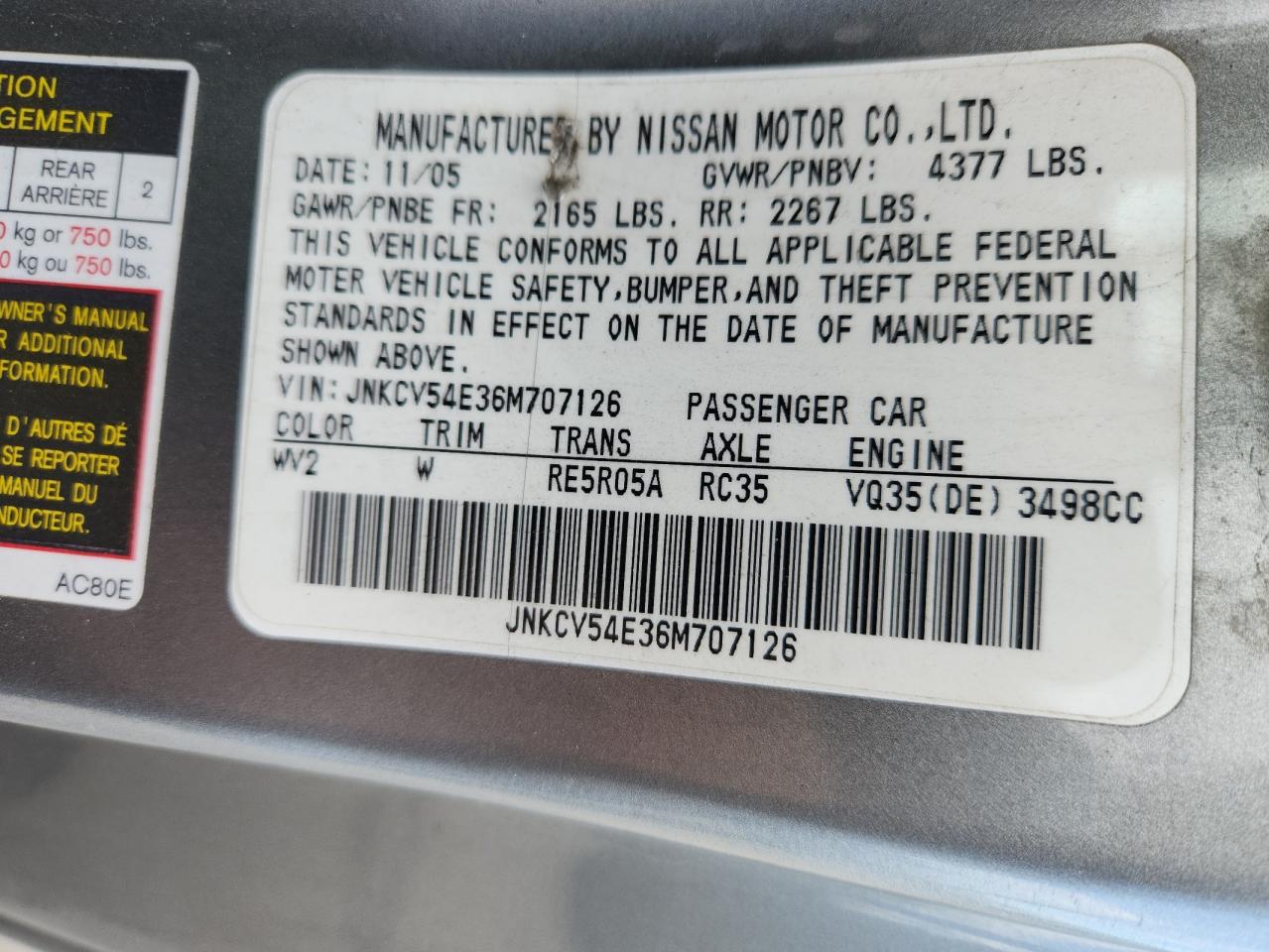 2006 Infiniti G35 VIN: JNKCV54E36M707126 Lot: 71934665