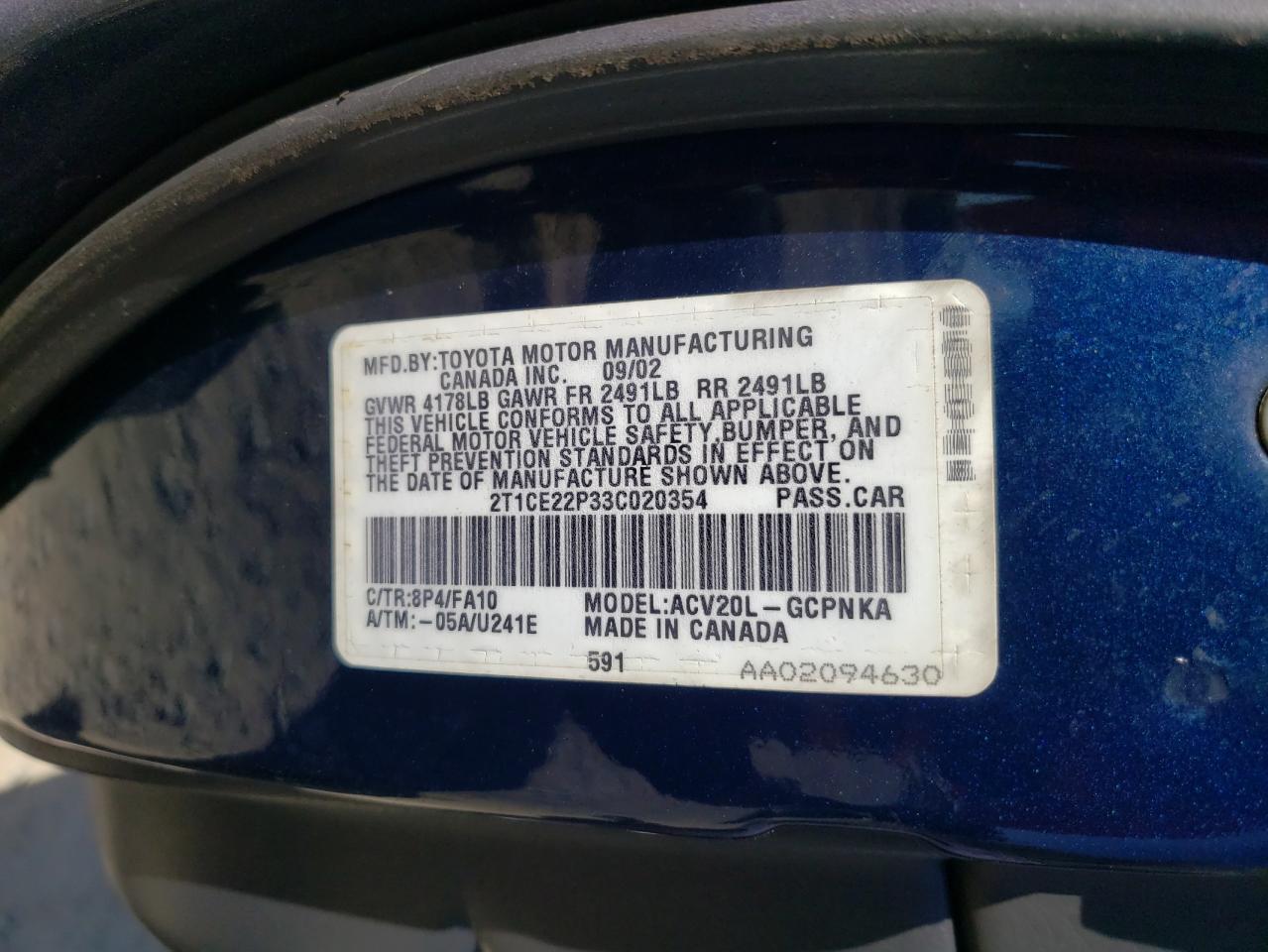 2003 Toyota Camry Solara Se VIN: 2T1CE22P33C020354 Lot: 80492505