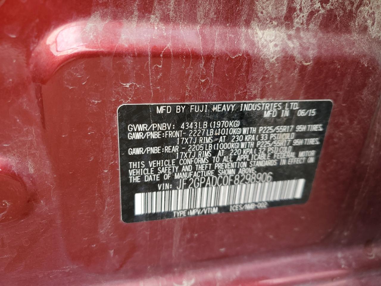 2015 Subaru Xv Crosstrek 2.0 Premium VIN: JF2GPADC0F8298906 Lot: 71301365