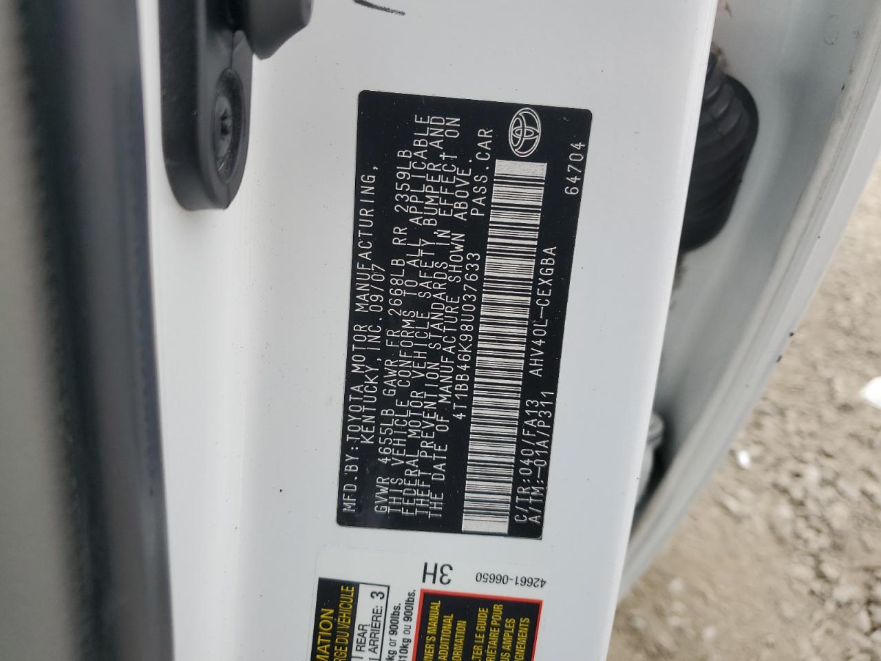 2008 Toyota Camry Hybrid VIN: 4T1BB46K98U037633 Lot: 84292495