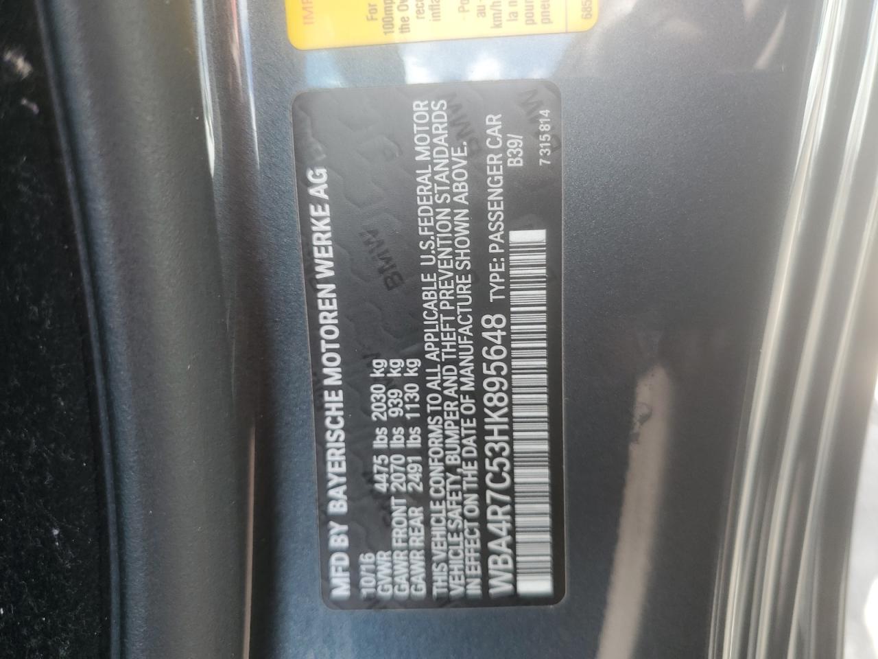 2017 BMW 430I VIN: WBA4R7C53HK895648 Lot: 80531895