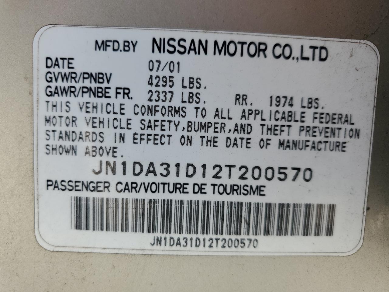 2002 Nissan Maxima Gle VIN: JN1DA31D12T200570 Lot: 71503385