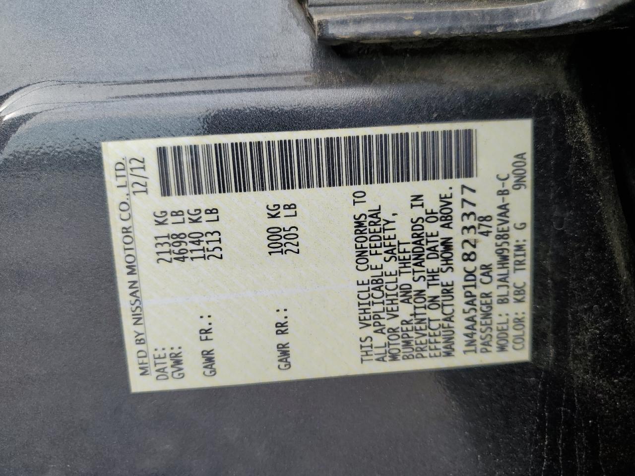 2013 Nissan Maxima S VIN: 1N4AA5AP1DC823377 Lot: 81745275