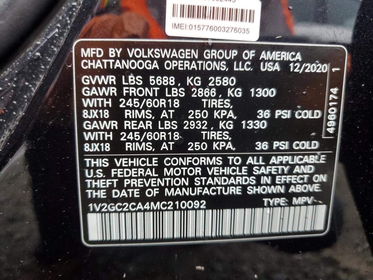 2021 Volkswagen Atlas Cross Sport S VIN: 1V2GC2CA4MC210092 Lot: 81288195