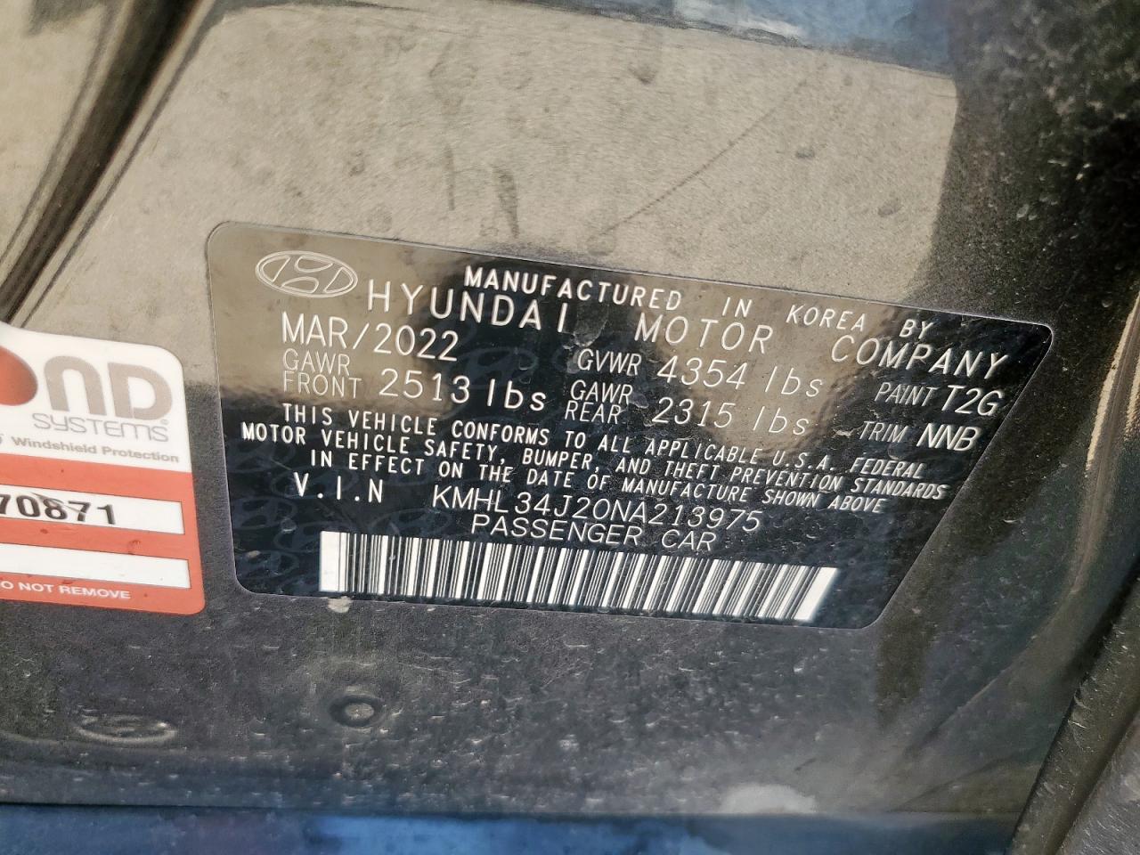 2022 Hyundai Sonata Limited VIN: KMHL34J20NA213975 Lot: 71595515