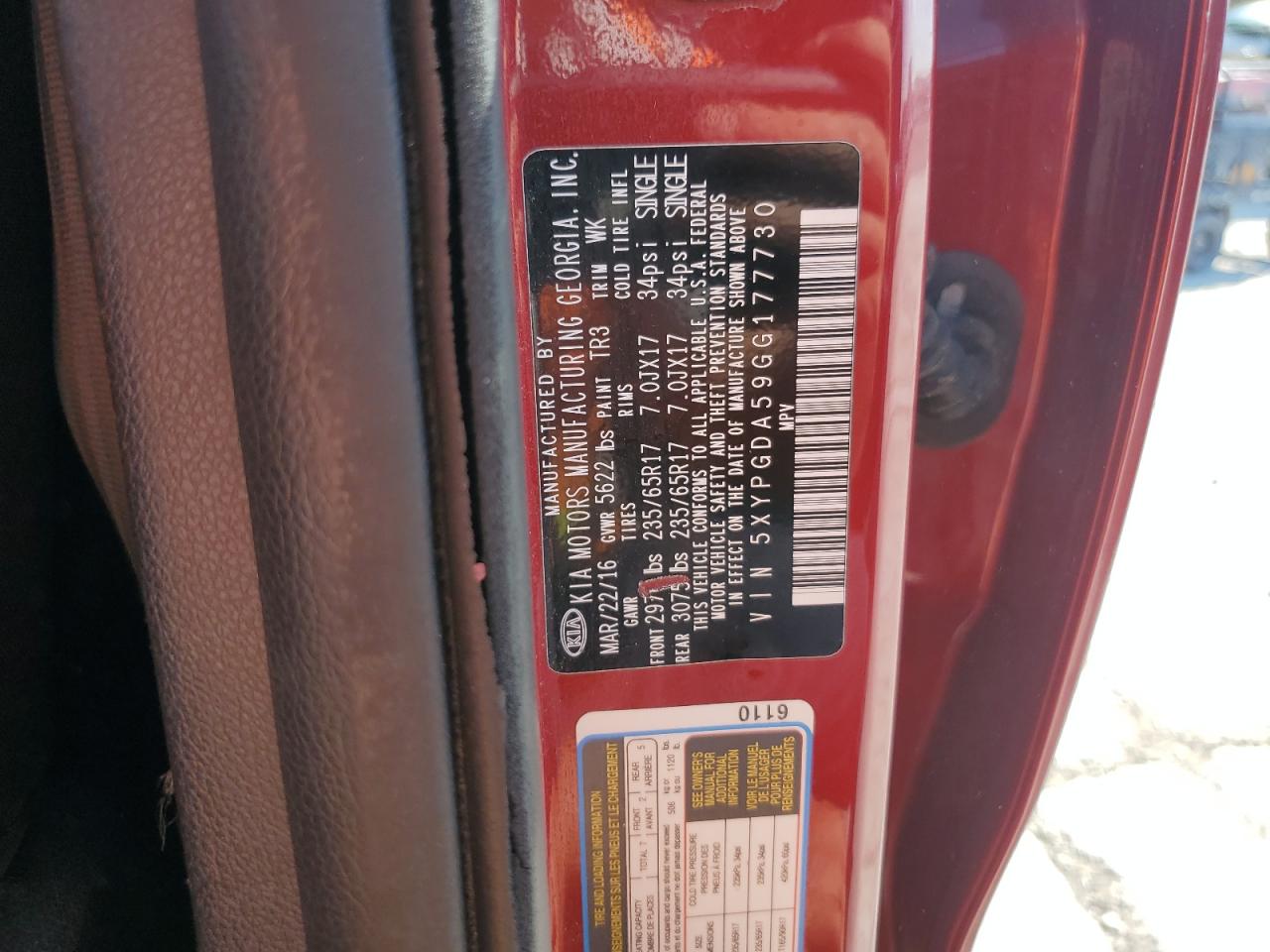 2016 Kia Sorento Lx VIN: 5XYPGDA59GG177730 Lot: 84052475