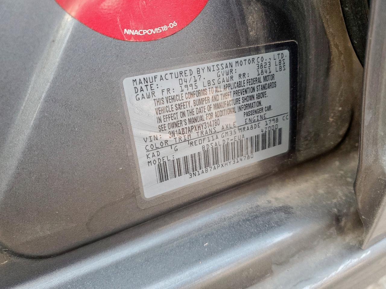 2017 Nissan Sentra S VIN: 3N1AB7APXHY314780 Lot: 81048285