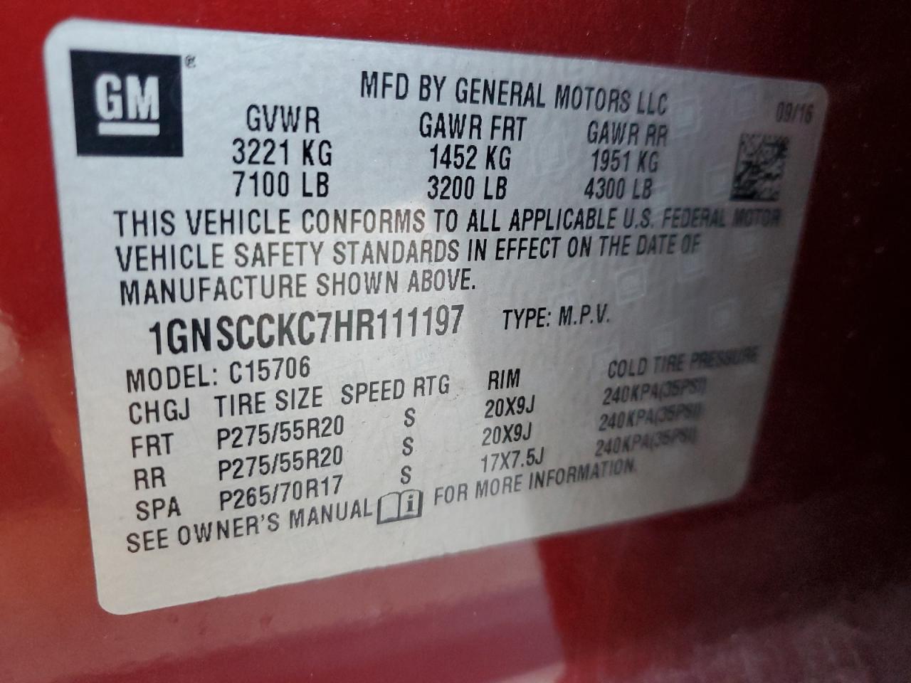 2017 Chevrolet Tahoe C1500 Premier VIN: 1GNSCCKC7HR111197 Lot: 83808285