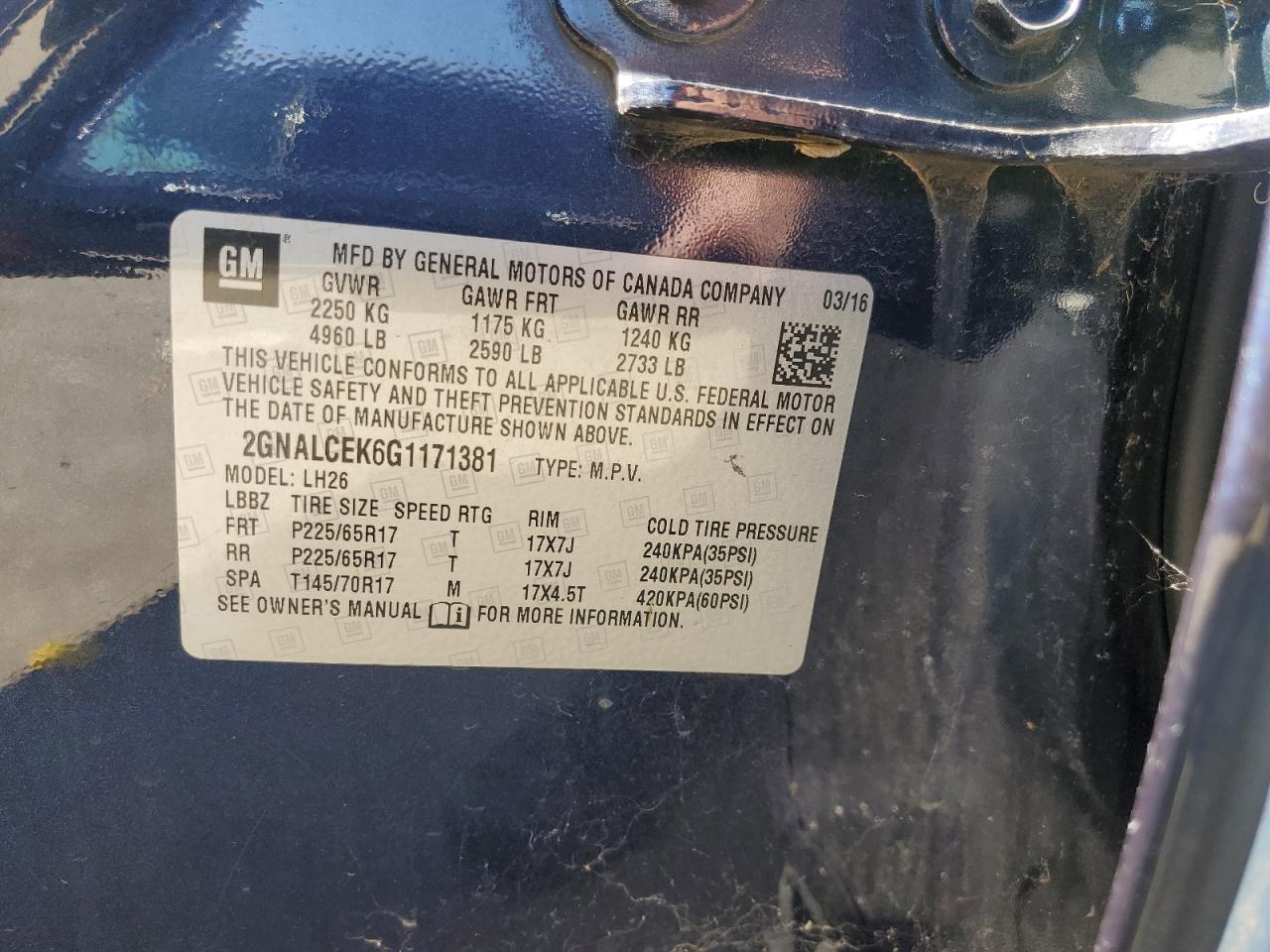 2016 Chevrolet Equinox Lt VIN: 2GNALCEK6G1171381 Lot: 80208895