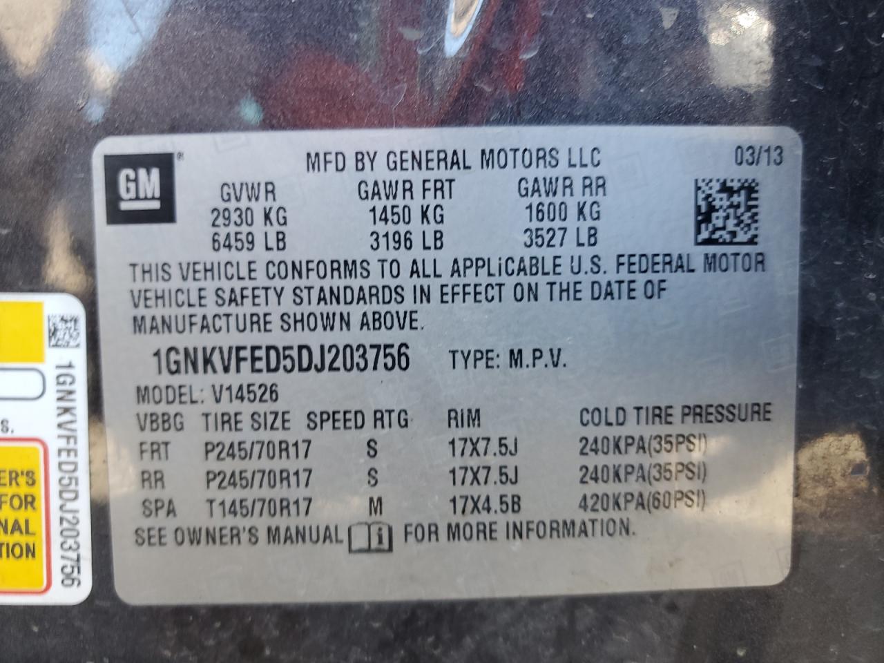 2013 Chevrolet Traverse Ls VIN: 1GNKVFED5DJ203756 Lot: 80393975