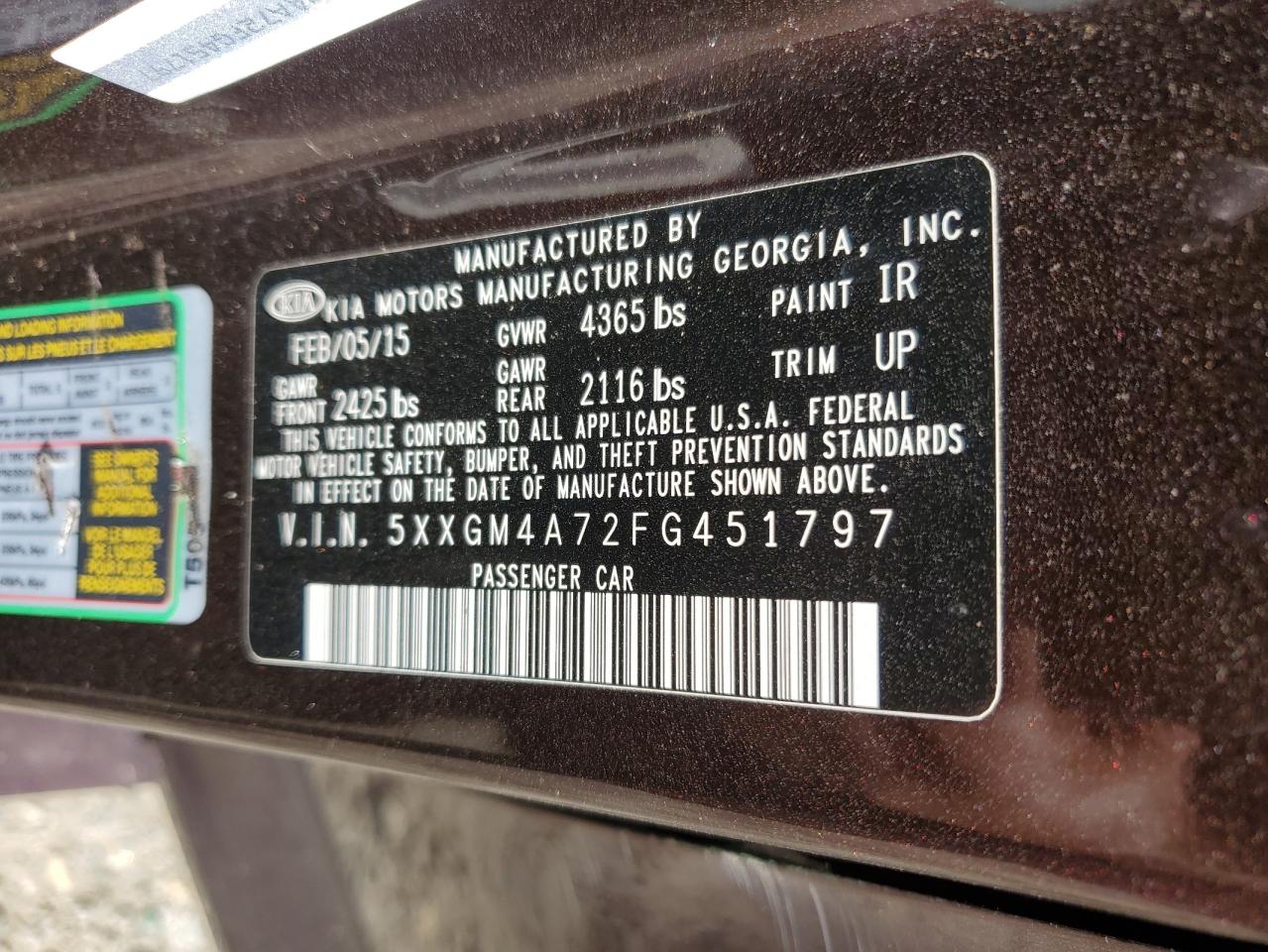 2015 Kia Optima Lx VIN: 5XXGM4A72FG451797 Lot: 71932675