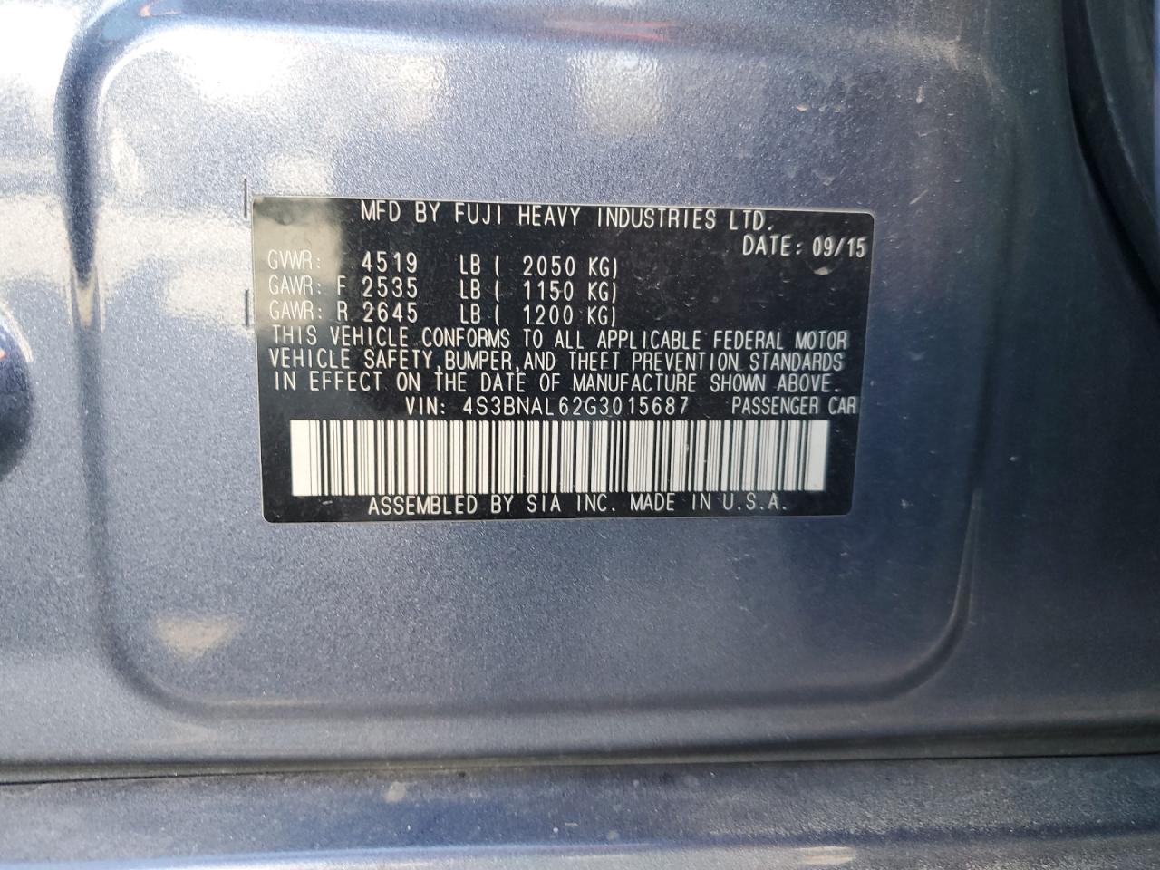 2016 Subaru Legacy 2.5I Limited VIN: 4S3BNAL62G3015687 Lot: 81611915