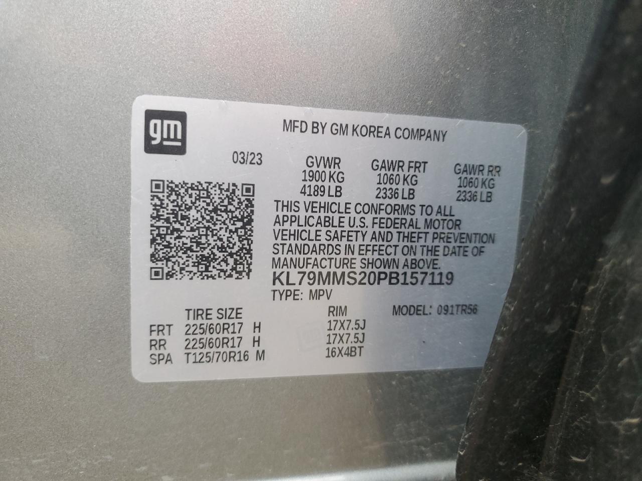 2023 Chevrolet Trailblazer Ls VIN: KL79MMS20PB157119 Lot: 72009195