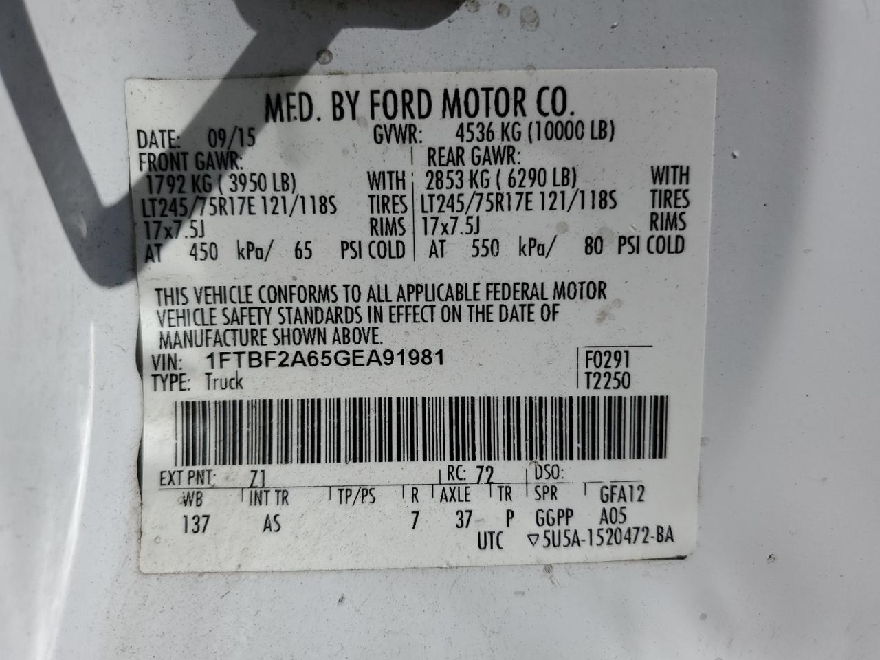 2016 Ford F250 Super Duty VIN: 1FTBF2A65GEA91981 Lot: 82112215