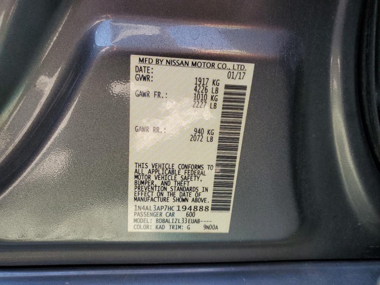 2017 Nissan Altima 2.5 VIN: 1N4AL3AP7HC194888 Lot: 80852165