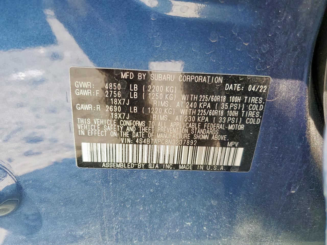 2022 Subaru Outback Touring VIN: 4S4BTAPC8N3237892 Lot: 72055585