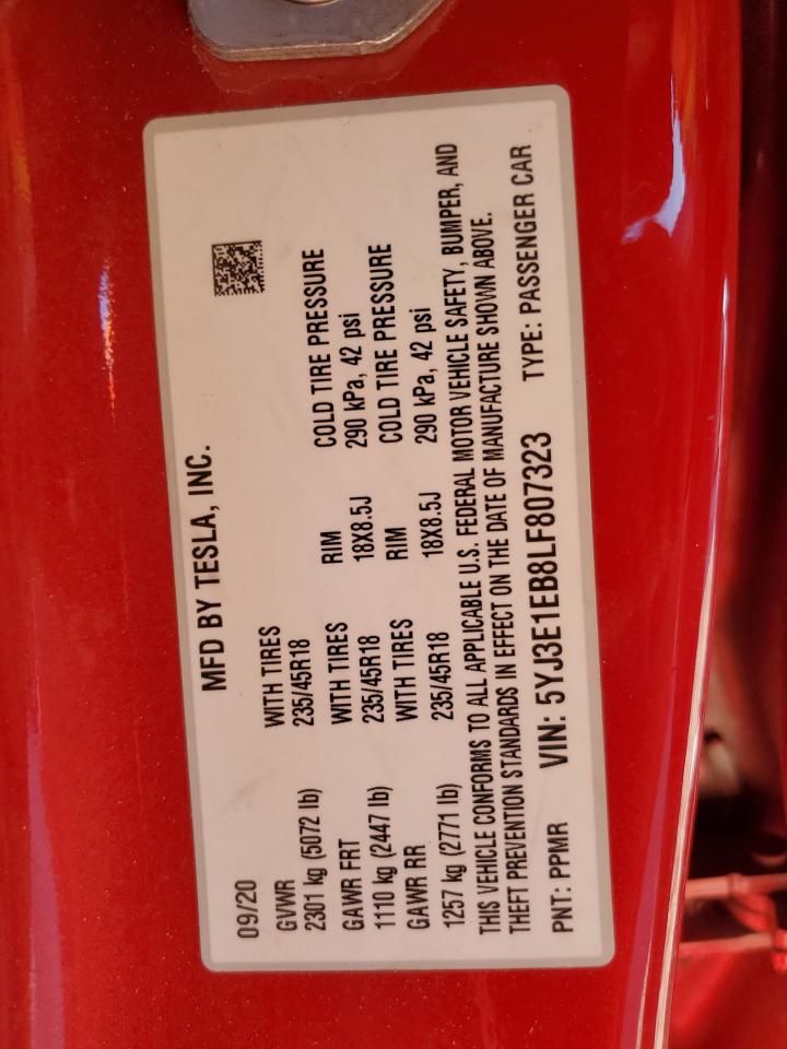 2020 Tesla Model 3 VIN: 5YJ3E1EB8LF807323 Lot: 80650115