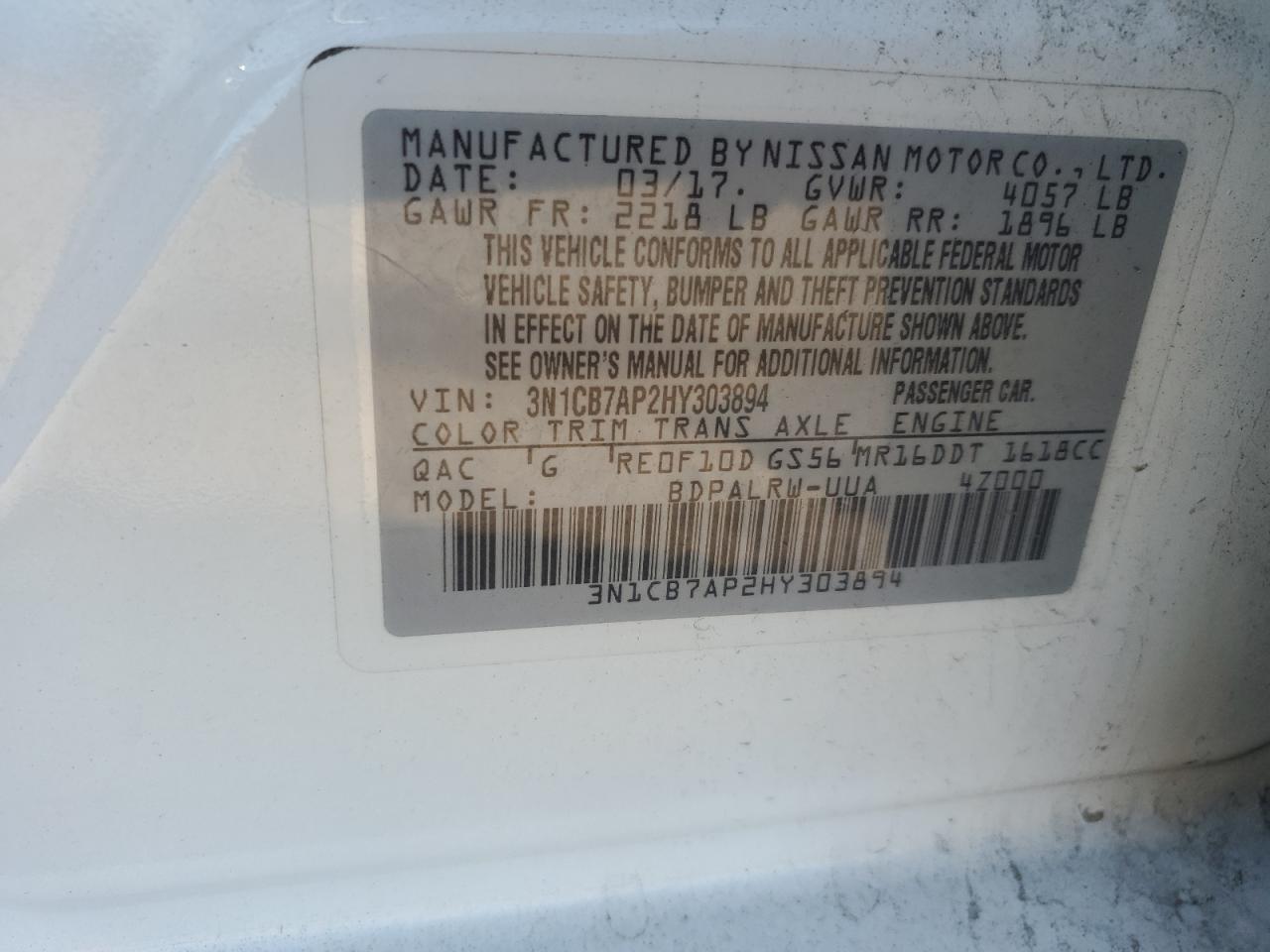 2017 Nissan Sentra Sr Turbo VIN: 3N1CB7AP2HY303894 Lot: 71051365