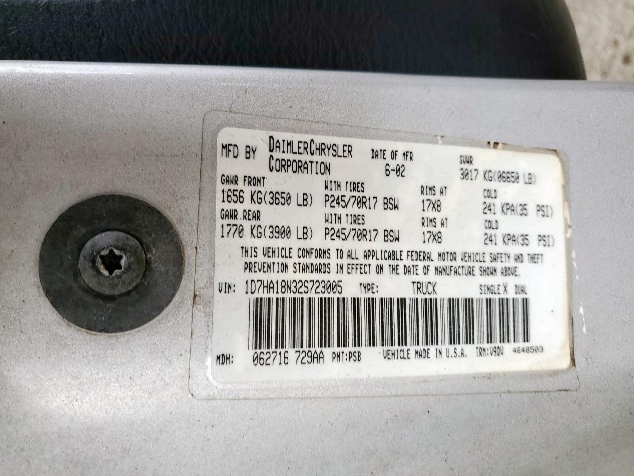 2002 Dodge Ram 1500 VIN: 1D7HA18N32S723005 Lot: 81712045