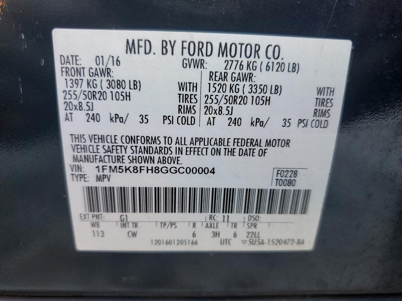 2016 Ford Explorer Limited VIN: 1FM5K8FH8GGC00004 Lot: 80976025