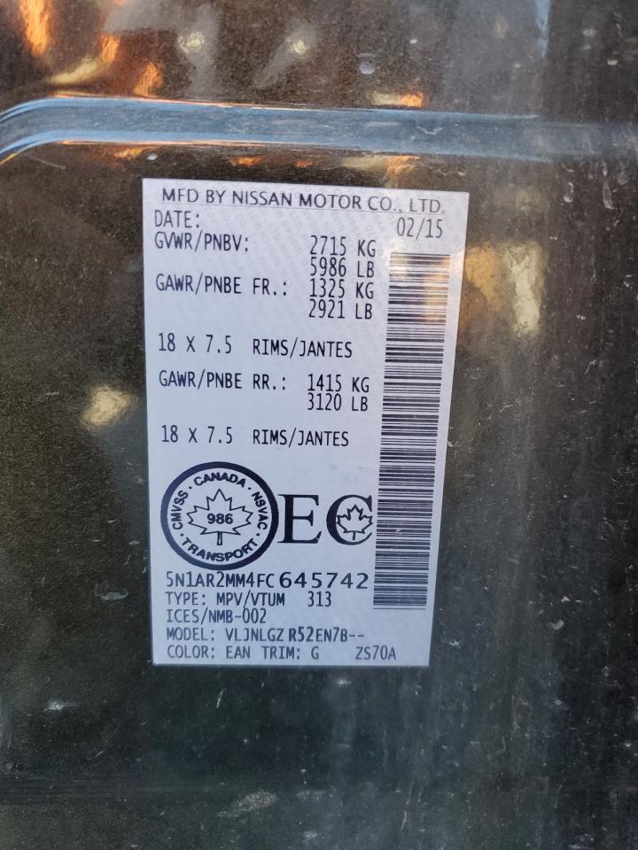 2015 Nissan Pathfinder S VIN: 5N1AR2MM4FC645742 Lot: 84294065