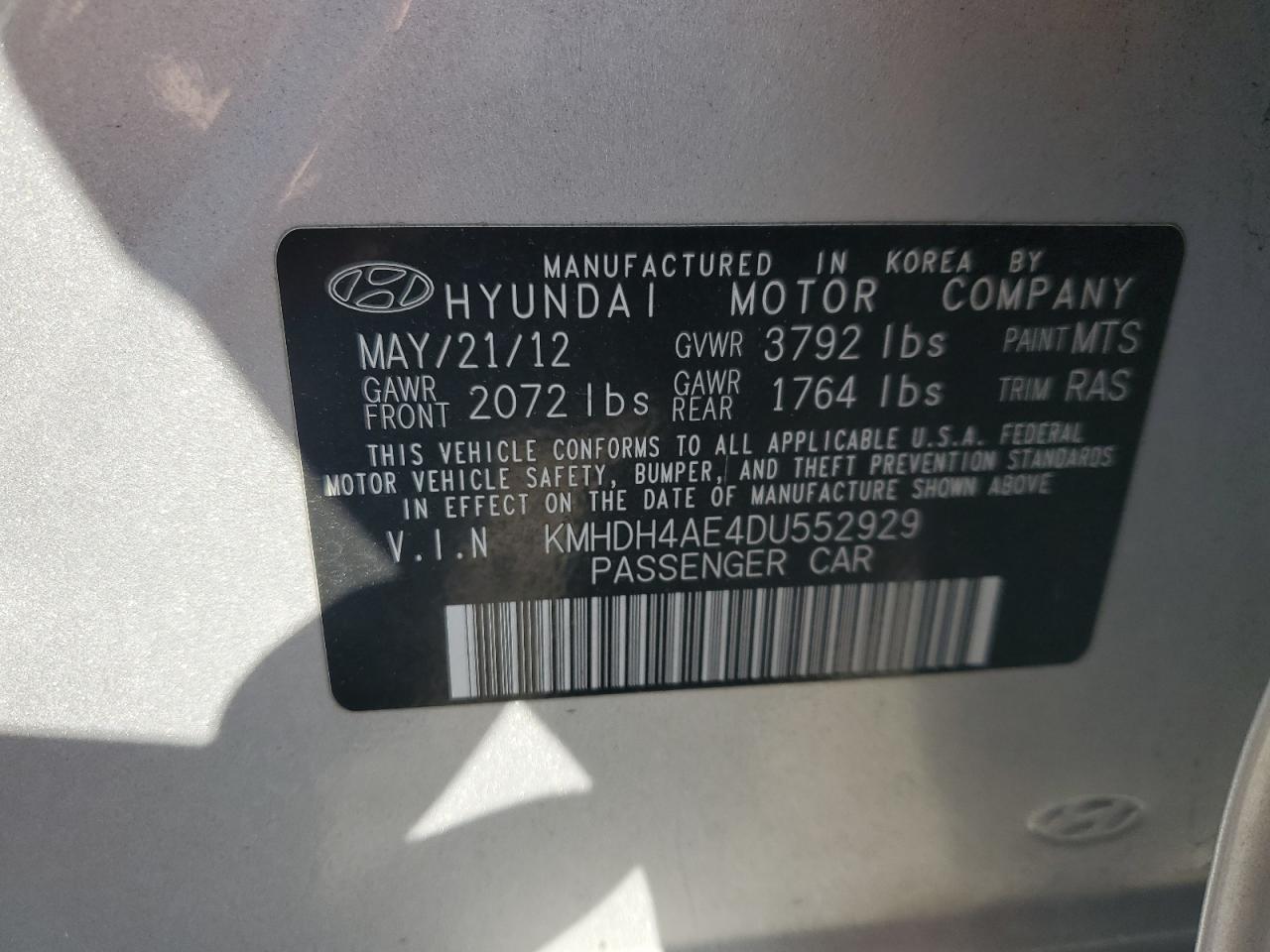 2013 Hyundai Elantra Gls VIN: KMHDH4AE4DU552929 Lot: 81381165