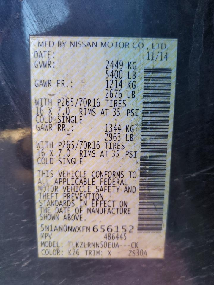 2015 Nissan Xterra X VIN: 5N1AN0NWXFN656152 Lot: 84022695