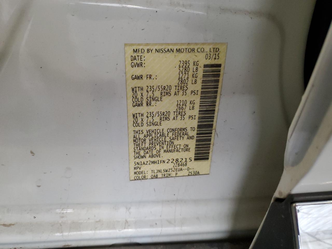 2015 Nissan Murano S VIN: 5N1AZ2MH1FN228215 Lot: 81238445