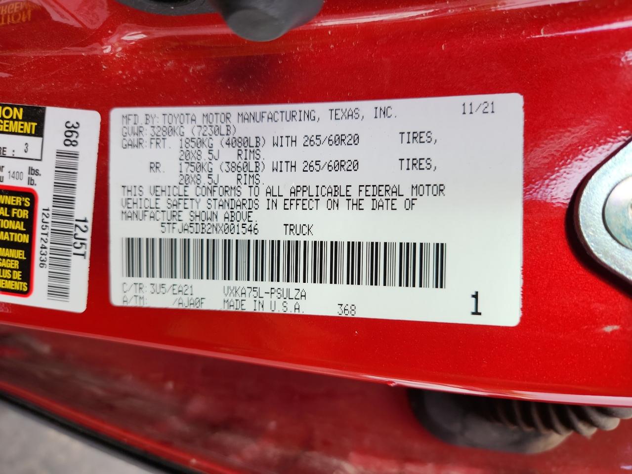 2022 Toyota Tundra Crewmax Limited VIN: 5TFJA5DB2NX001546 Lot: 84411785